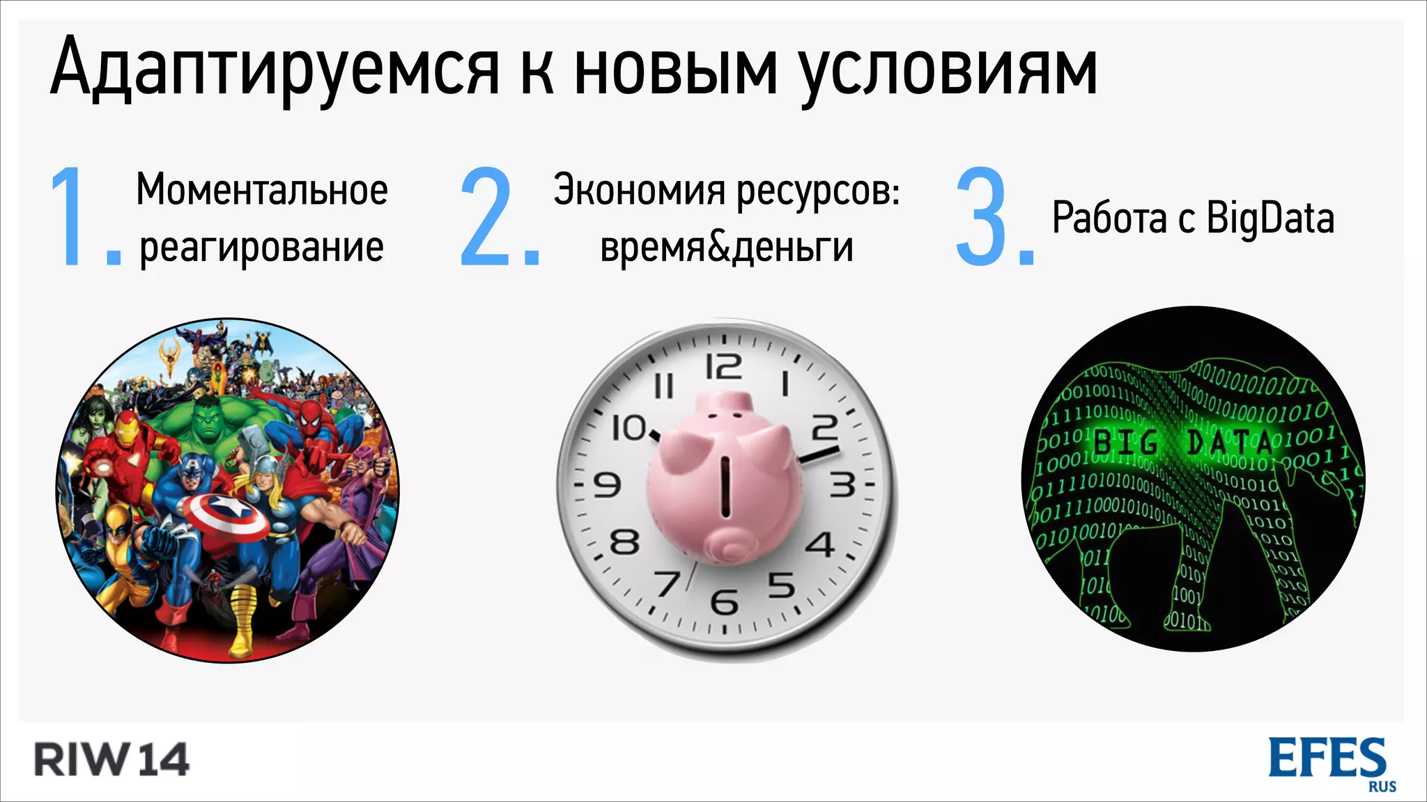Адаптируемся к новым условиям
Моментальное
реагирование1. Экономия ресурсов:
время&деньги2. Работа с BigData
3.
 