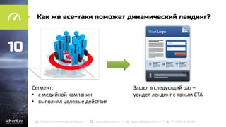 Как же все-таки поможет динамический лендинг?

10
Сегмент:
• с медийной кампании
• выполнял целевые действия

Зашел в следующий раз –
увидел лендинг с явным CTA

 