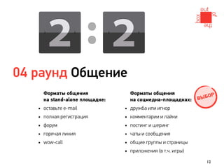 04 раунд Общение
       Форматы общения                Форматы общения                О   Р
       на stand-alone площадке:       на соцмедиа-площадках:     ВЫБ
   •   оставьте e-mail            •   дружба или игнор
   •   полная регистрация         •   комментарии и лайки
   •   форум                      •   постинг и шеринг
   •   горячая линия              •   чаты и сообщения
   •   wow-call                   •   общие группы и страницы
                                  •   приложения (в т.ч. игры)

                                                                    12
 