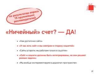 проса
            атам оих
     езульт нейш
 по р круп
     15        ателей
     рек ламод



«Ничейный» счет? — ДА!
      • «Нам достаточно сайта»
      • «У нас есть сайт и мы смотрим в сторону соцсетей»
      • «Сайты устарели, мы работаем только в соцсетях»
      • «Сайт и соцсети должны быть интегрированы, но они решают
        разные задачи»

      • «Мы вообще экспериментируем в диджитал-пространстве»

                                                                   27
 