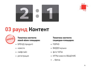 03 раунд Контент
     Д       Тематика контента           Тематика контента
БРЕН         stand-alone площадки:       соцмедиа-площадки:
         •   БРЕНД (продукт)         •   ПОРНО
         •   новости                 •   ВИДЕО музыка
         •   лайфстайл               •   фото ЧАТЫ
         •   регистрация             •   ИГРЫ новости ОБЩЕНИЕ
                                     •   ... бренд

                                                                9
 