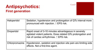 Haloperidol Sedation, hypotension and prolongation of QTc interval more
pronounced with injection. ↑ EPS risk.
Droperidol Rapid onset of 3-10 minutes advantageous in severely
agitated violent patients. Dose related QTc prolongation and
risk of cardiac arrhythmias. ↑ EPS risk.
Chlorpromazine Hypotension, sedation and injection site pain are limiting side
effects. Not a first-line agent.
Antipsychotics:
First generation
Cont’d
 