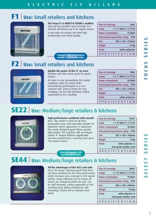 E L E C T R I C                F L Y             K I L L E R S


F1 | Use: Small retailers and kitchens
                The Focus F1 is INSECT-O-CUTOR’s smallest        Area of coverage                45m2
                unit and has excellent area coverage. It is
                ideal for all kitchens up to 45 square metres.   Lamp          1 x 11 Watt (1 x T11G)
                A real value for money unit with high            Power consumption            22 Watt
                performance and robust quality.
                                                                 International protection rating IP30




                                                                                                          FOCUS SERIES
                                                                 Size               300 x 120 x 310mm
                                                                 Weight                         4.1kg
                                                                 Finish                white polyester

                        Compact, high-performance                S P E C I F I C AT I O N
                        models – unbeatable value


F2 | Use: Small retailers and kitchens
                Double the power of the F1, to cover             Area of coverage                90m2
                kitchens and other areas up to 90 square
                metres.                                          Lamps         2 x 11 Watt (2 x T11G)
                At home in any surroundings this model           Power consumption            42 Watt
                combines value for money with
                                                                 International protection rating IP30
                extraordinary performance in a very
                compact unit. Snap-in lamps for easy             Size               390 x 120 x 310mm
                changing. Can be wall mounted, ceiling
                                                                 Weight                         5.1kg
                suspended or free standing.
                                                                 Finish                white polyester
                                                                 S P E C I F I C AT I O N


SE22 | Use: Medium/large retailers & kitchens
                High performance combined with smooth            Area of coverage               150m2
                lines. This model is ideal for all food
                preparation areas and especially suitable for    Lamp          1 x 22 Watt (1 x T21G)
                situations where appearance is important.        Power consumption            38 Watt
                The newly designed guard allows greater
                                                                 International protection rating IP30
                light output. This together with an integral




                                                                                                          SELECT SERIES
                central ‘V’ shaped deflector significantly       Size               385 x 140 x 430mm
                increases performance, covering areas up to
                                                                 Weight                         7.5kg
                150 square metres.
                                                                 Finish             white polyester or
                                                                             food grade stainless steel

                            Powerful models with                 S P E C I F I C AT I O N
                             stunning good looks


SE44 | Use: Medium/large retailers & kitchens
                All the advantages of the SE22 and with          Area of coverage               300m2
                twice the power. Stunning good looks have
                not been sacrificed for the extra performance,   Lamps         2 x 22 Watt (2 x T21G)
                which increases area coverage to 300 square      Power consumption            58 Watt
                metres. Large collection tray to ensure all
                insects are contained within the unit. Can       International protection rating IP30
                be wall mounted, ceiling suspended or free       Size               600 x 140 x 430mm
                standing (back plates included for wall
                mounting). Shown left in stainless steel         Weight                        10.5kg
                finish.                                          Finish             white polyester or
                                                                             food grade stainless steel

                                                                 S P E C I F I C AT I O N



                                                                                                                          5
 