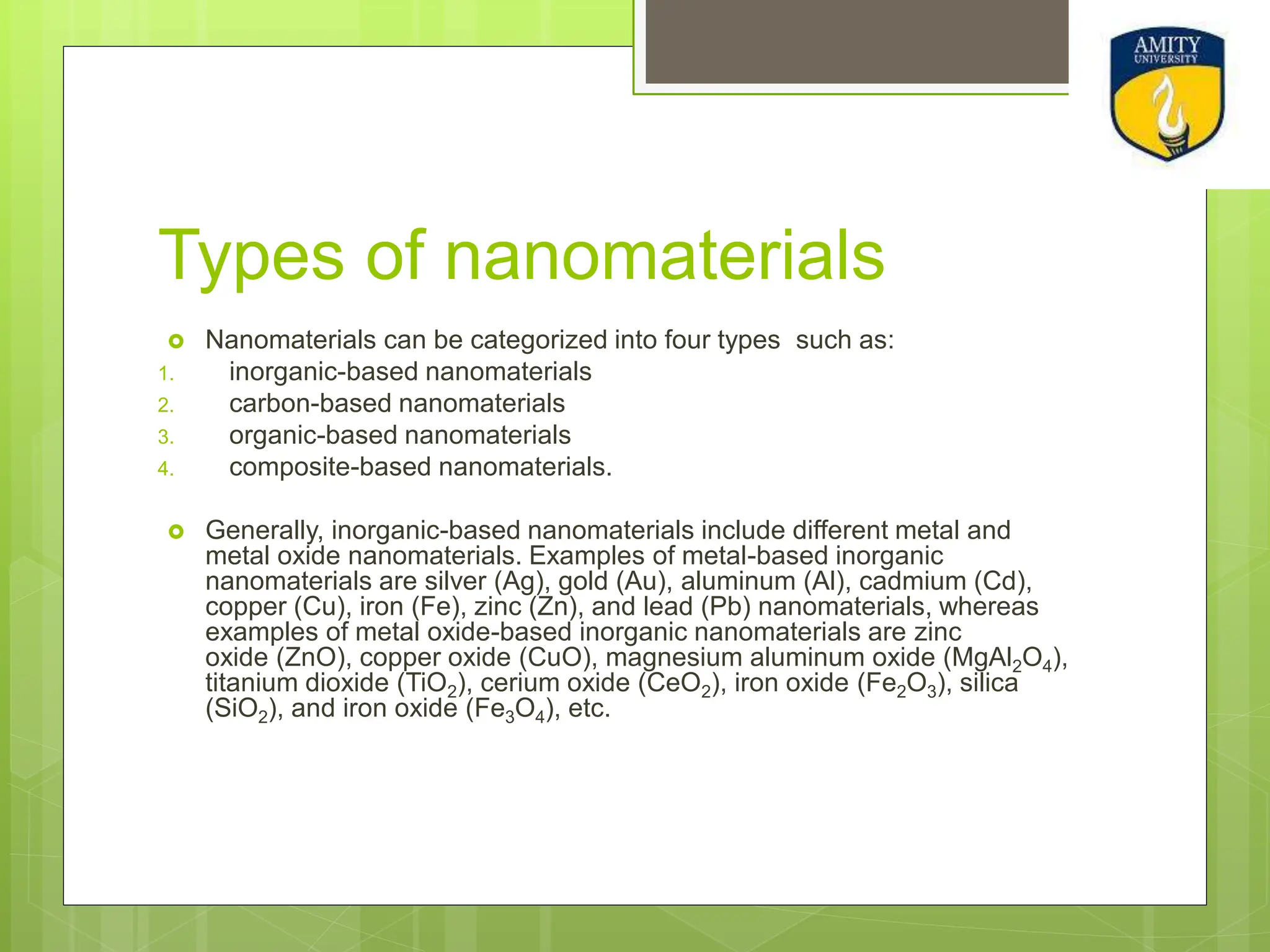 Types of nanomaterials
 Nanomaterials can be categorized into four types such as:
1. inorganic-based nanomaterials
2. carbon-based nanomaterials
3. organic-based nanomaterials
4. composite-based nanomaterials.
 Generally, inorganic-based nanomaterials include different metal and
metal oxide nanomaterials. Examples of metal-based inorganic
nanomaterials are silver (Ag), gold (Au), aluminum (Al), cadmium (Cd),
copper (Cu), iron (Fe), zinc (Zn), and lead (Pb) nanomaterials, whereas
examples of metal oxide-based inorganic nanomaterials are zinc
oxide (ZnO), copper oxide (CuO), magnesium aluminum oxide (MgAl2O4),
titanium dioxide (TiO2), cerium oxide (CeO2), iron oxide (Fe2O3), silica
(SiO2), and iron oxide (Fe3O4), etc.
 