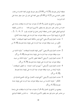 34
‫دبتوسط‬ ‫ياض‬‫ر‬‫ال‬ ‫دبنطقة‬(4.35‫من‬5.00)‫فئات‬ ‫من‬ ‫اخلامسة‬ ‫الفئة‬ ‫يف‬ ‫يقع‬ ‫متوسط‬ ‫وىو‬ ،
‫اخلماسي‬ ‫ادلقياس‬(‫من‬4.21‫إىل‬5.00)‫على‬ ‫بشدة‬ ‫متوفر‬ ‫خيار‬ ‫إىل‬ ‫تشًن‬ ‫اليت‬ ‫الفئة‬ ‫وىي‬ ،
‫اسة‬‫ر‬‫الد‬ ‫أداة‬.
‫اجلدول‬ ‫يف‬ ‫النتائج‬ ‫من‬ ‫ويتضح‬(4-4)‫على‬ ‫بشدة‬ ‫افقات‬‫و‬‫م‬ ‫اسة‬‫ر‬‫الد‬ ‫عينة‬ ‫مفردات‬ ‫أن‬
‫بعد‬ ‫توفر‬ ‫مدى‬ ‫زلور‬ ‫عناصر‬ ‫من‬ ‫مخسة‬(‫ين‬‫ر‬‫اآلخ‬ ‫تطوير‬)‫قائدا‬ ‫لدى‬‫ت‬‫ادلطبقة‬ ‫ادلدارس‬
‫قم‬‫ر‬ ‫ات‬‫ر‬‫العبا‬ ‫يف‬ ‫تتمثل‬ ‫ياض‬‫ر‬‫ال‬ ‫دبنطقة‬ ‫ادلدارس‬ ‫لتطوير‬ ‫الوطين‬ ‫للربنامج‬(3،4،1،2،
5)‫كالتايل‬،‫بشدة‬ ‫توفرىا‬ ‫على‬ ‫اسة‬‫ر‬‫الد‬ ‫عينة‬ ‫مفردات‬ ‫افقة‬‫و‬‫م‬ ‫حسب‬ ً‫ا‬‫لي‬‫ز‬‫تنا‬ ‫تيبها‬‫ر‬‫ت‬ ‫مت‬ ‫اليت‬:
1-‫رقم‬ ‫العبارة‬ ‫جاءت‬(3)‫وىي‬":‫أتيح‬‫فرص‬‫للموظفات‬ ‫ادلهنية‬ ‫للتنمية‬ ‫متكافئة‬"‫تبة‬‫ر‬‫بادل‬
‫دبتوسط‬ ‫بشدة‬ ‫توفرىا‬ ‫على‬ ‫اسة‬‫ر‬‫الد‬ ‫عينة‬ ‫مفردات‬ ‫افقة‬‫و‬‫م‬ ‫حيث‬ ‫من‬ ‫األوىل‬(4.45‫من‬
5.)
2-‫رقم‬ ‫العبارة‬ ‫جاءت‬(4)‫وىي‬":‫للموظفات‬ ‫القيادية‬ ‫ادلهام‬ ‫أفوض‬"‫من‬ ‫الثانية‬ ‫تبة‬‫ر‬‫بادل‬
‫دبتوسط‬ ‫بشدة‬ ‫توفرىا‬ ‫على‬ ‫اسة‬‫ر‬‫الد‬ ‫عينة‬ ‫مفردات‬ ‫افقة‬‫و‬‫م‬ ‫حيث‬(4.45‫من‬5.)
3-‫رقم‬ ‫العبارة‬ ‫جاءت‬(1)‫وىي‬":‫ين‬‫ر‬‫اآلخ‬ ‫لتطوير‬ ‫أخطط‬"‫حيث‬ ‫من‬ ‫الثالثة‬ ‫تبة‬‫ر‬‫بادل‬
‫دبتوسط‬ ‫بشدة‬ ‫توفرىا‬ ‫على‬ ‫اسة‬‫ر‬‫الد‬ ‫عينة‬ ‫مفردات‬ ‫افقة‬‫و‬‫م‬(4.39‫من‬5.)
4-‫رقم‬ ‫العبارة‬ ‫جاءت‬(2)‫وىي‬":‫احتياجا‬ ‫ربديد‬ ‫يف‬ ‫أسهم‬‫ت‬‫للموظفات‬ ‫التطوير‬"
‫دبتوسط‬ ‫بشدة‬ ‫توفرىا‬ ‫على‬ ‫اسة‬‫ر‬‫الد‬ ‫عينة‬ ‫مفردات‬ ‫افقة‬‫و‬‫م‬ ‫حيث‬ ‫من‬ ‫ابعة‬‫ر‬‫ال‬ ‫تبة‬‫ر‬‫بادل‬
(4.32‫من‬5.)
5-‫رقم‬ ‫العبارة‬ ‫جاءت‬(5)‫وىي‬":‫يف‬ ‫للتشارك‬ ‫اجملتمع‬ ‫اد‬‫ر‬‫أف‬ ‫مع‬ ‫االتصال‬ ‫ات‬‫و‬‫قن‬ ‫أفتح‬
‫األفكار‬"‫بشدة‬ ‫توفرىا‬ ‫على‬ ‫اسة‬‫ر‬‫الد‬ ‫عينة‬ ‫مفردات‬ ‫افقة‬‫و‬‫م‬ ‫حيث‬ ‫من‬ ‫اخلامسة‬ ‫تبة‬‫ر‬‫بادل‬
‫دبتوسط‬(4.32‫من‬5.)
‫اجلدول‬ ‫يف‬ ‫النتائج‬ ‫من‬ ‫ويتضح‬(4-4)‫احدة‬‫و‬ ‫على‬ ‫افقات‬‫و‬‫م‬ ‫اسة‬‫ر‬‫الد‬ ‫عينة‬ ‫مفردات‬ ‫أن‬
‫بعد‬ ‫توفر‬ ‫مدى‬ ‫زلور‬ ‫عناصر‬ ‫من‬(‫ين‬‫ر‬‫اآلخ‬ ‫تطوير‬)‫قائدا‬ ‫لدى‬‫ت‬‫للربنامج‬ ‫ادلطبقة‬ ‫ادلدارس‬
 