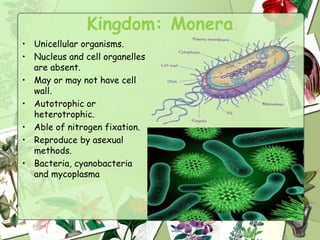 Kingdom: Monera
• Unicellular organisms.
• Nucleus and cell organelles
are absent.
• May or may not have cell
wall.
• Autotrophic or
heterotrophic.
• Able of nitrogen fixation.
• Reproduce by asexual
methods.
• Bacteria, cyanobacteria
and mycoplasma
 