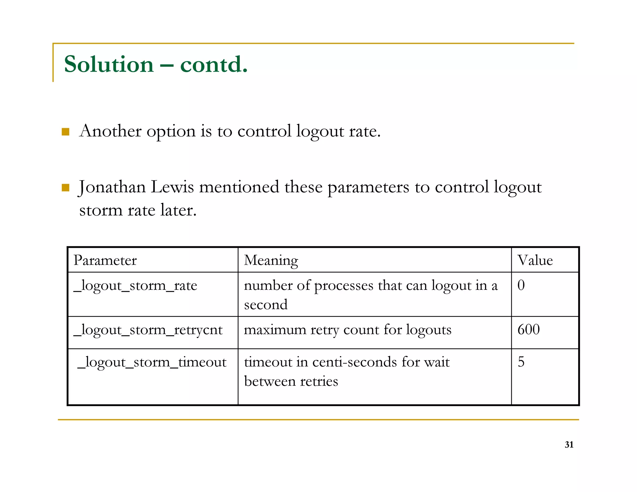 31 
Solution – contd. 
 Another option is to control logout rate. 
 Jonathan Lewis mentioned these parameters to control logout 
storm rate later. 
Parameter Meaning Value 
_logout_storm_retrycnt maximum retry count for logouts 600 
timeout in centi-seconds for wait 5 
between retries 
_logout_storm_timeout 
number of processes that can logout in a 0 
second 
_logout_storm_rate 
 