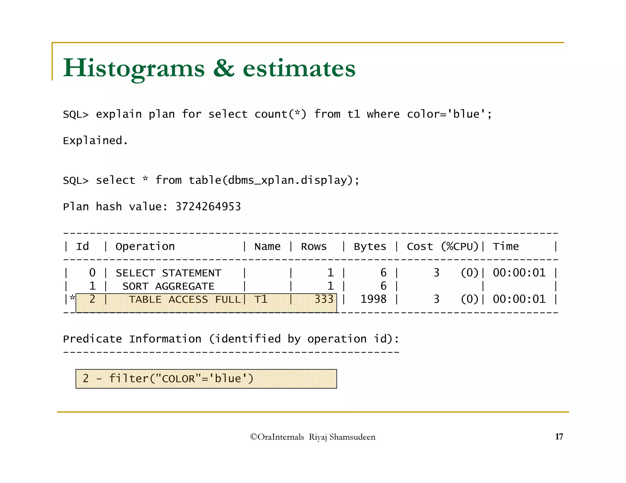 Histograms  estimates 
SQL explain plan for select count(*) from t1 where color='blue'; 
Explained. 
SQL select * from table(dbms_xplan.display); 
Plan hash value: 3724264953 
--------------------------------------------------------------------------- 
| Id | Operation | Name | Rows | Bytes | Cost (%CPU)| Time | 
--------------------------------------------------------------------------- 
| 0 | SELECT STATEMENT | | 1 | 6 | 3 (0)| 00:00:01 | 
| 1 | SORT AGGREGATE | | 1 | 6 | | | 
|* 2 | TABLE ACCESS FULL| T1 | 333 | 1998 | 3 (0)| 00:00:01 | 
--------------------------------------------------------------------------- 
Predicate Information (identified by operation id): 
--------------------------------------------------- 
2 - filter(COLOR='blue') 
©OraInternals Riyaj Shamsudeen 17 
 