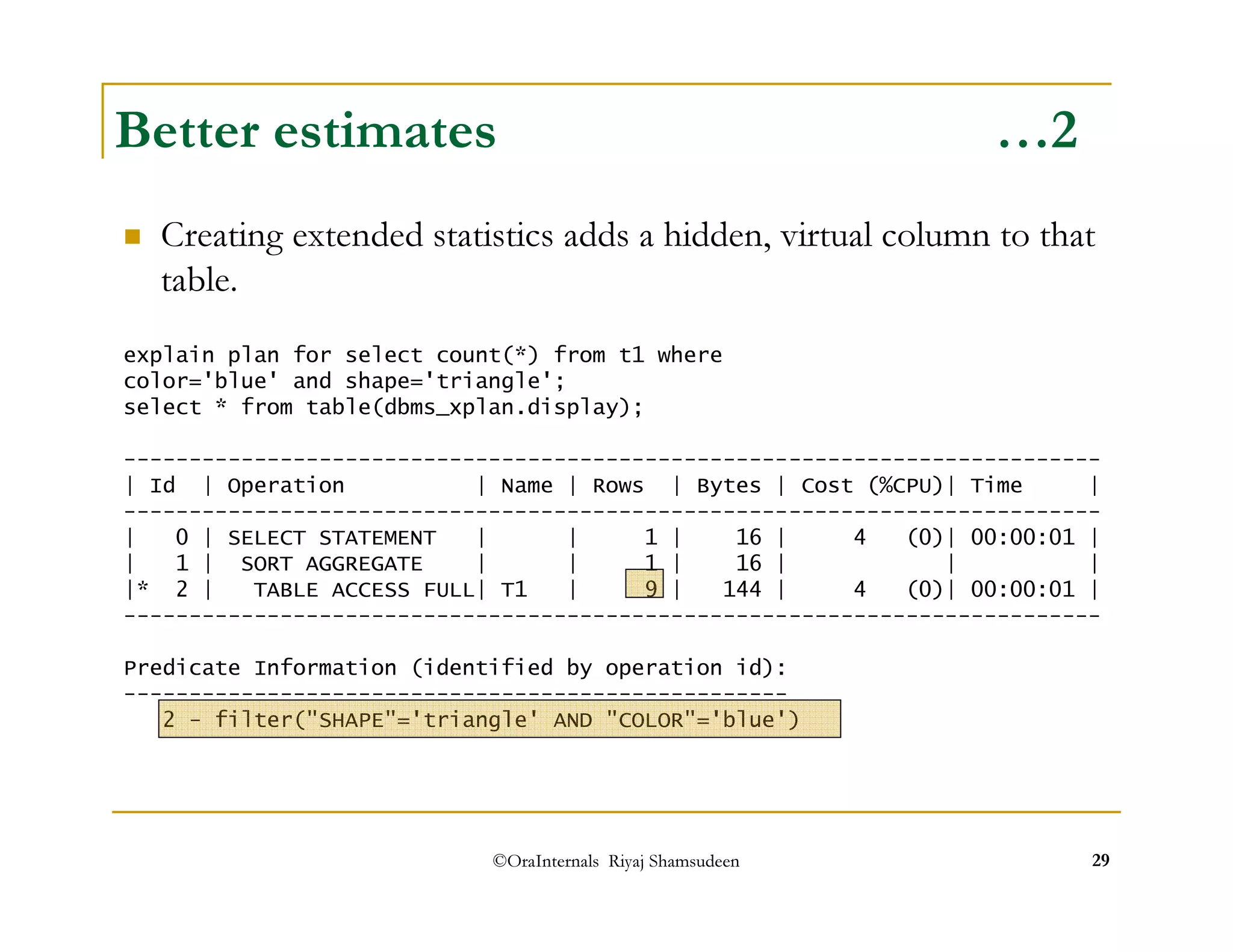 Better estimates …2 
 Creating extended statistics adds a hidden, virtual column to that 
table. 
explain plan for select count(*) from t1 where 
color='blue' and shape='triangle'; 
select * from table(dbms_xplan.display); 
--------------------------------------------------------------------------- 
| Id | Operation | Name | Rows | Bytes | Cost (%CPU)| Time | 
--------------------------------------------------------------------------- 
| 0 | SELECT STATEMENT | | 1 | 16 | 4 (0)| 00:00:01 | 
| 1 | SORT AGGREGATE | | 1 | 16 | | | 
|* 2 | TABLE ACCESS FULL| T1 | 9 | 144 | 4 (0)| 00:00:01 | 
--------------------------------------------------------------------------- 
Predicate Information (identified by operation id): 
--------------------------------------------------- 
2 - filter(SHAPE='triangle' AND COLOR='blue') 
©OraInternals Riyaj Shamsudeen 29 
 