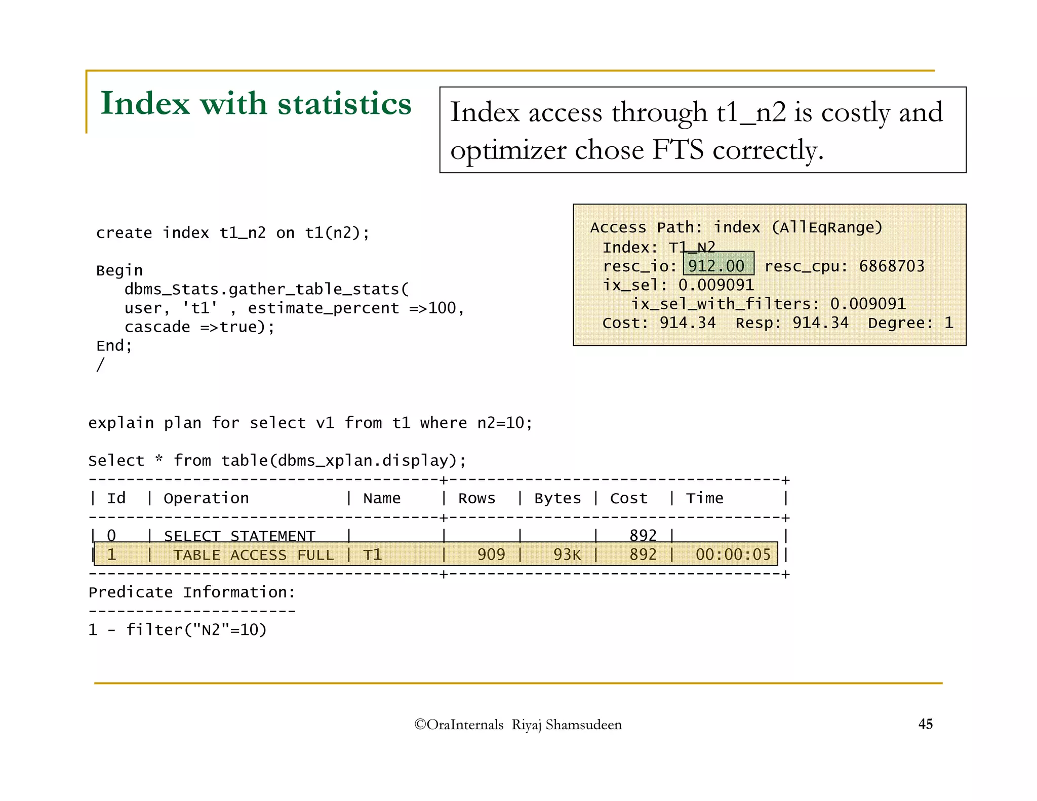 Index access through t1_n2 is costly and 
optimizer chose FTS correctly. 
Access Path: index (AllEqRange) 
Index: T1_N2 
resc_io: 912.00 resc_cpu: 6868703 
ix_sel: 0.009091 
©OraInternals Riyaj Shamsudeen 45 
Index with statistics 
create index t1_n2 on t1(n2); 
Begin 
dbms_Stats.gather_table_stats( 
user, 't1' , estimate_percent =100, 
cascade =true); 
End; 
/ 
explain plan for select v1 from t1 where n2=10; 
Select * from table(dbms_xplan.display); 
-------------------------------------+-----------------------------------+ 
| Id | Operation | Name | Rows | Bytes | Cost | Time | 
-------------------------------------+-----------------------------------+ 
| 0 | SELECT STATEMENT | | | | 892 | | 
| 1 | TABLE ACCESS FULL | T1 | 909 | 93K | 892 | 00:00:05 | 
-------------------------------------+-----------------------------------+ 
Predicate Information: 
---------------------- 
1 - filter(N2=10) 
ix_sel_with_filters: 0.009091 
Cost: 914.34 Resp: 914.34 Degree: 1 
 