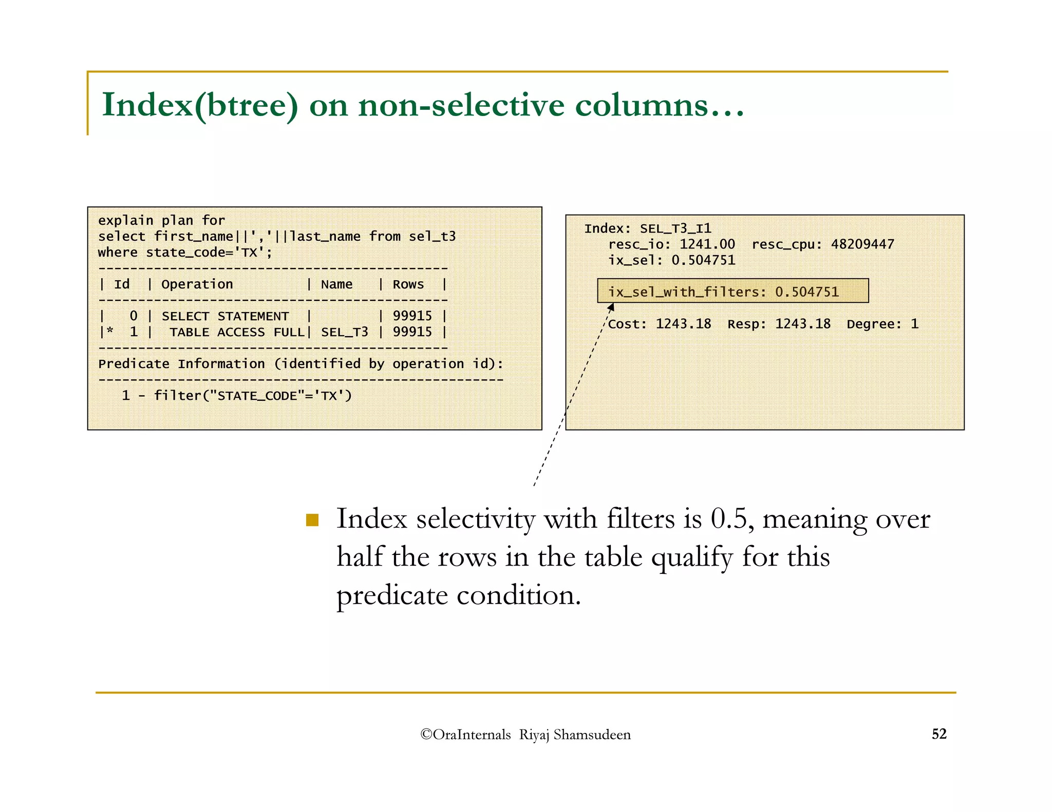 Index(btree) on non-selective columns… 
explain plan for 
select first_name||','||last_name from sel_t3 
where state_code='TX'; 
-------------------------------------------- 
| Id | Operation | Name | Rows | 
-------------------------------------------- 
| 0 | SELECT STATEMENT | | 99915 | 
|* 1 | TABLE ACCESS FULL| SEL_T3 | 99915 | 
-------------------------------------------- 
Predicate Information (identified by operation id): 
--------------------------------------------------- 
1 - filter(STATE_CODE='TX') 
Index: SEL_T3_I1 
resc_io: 1241.00 resc_cpu: 48209447 
ix_sel: 0.504751 
ix_sel_with_filters: 0.504751 
Cost: 1243.18 Resp: 1243.18 Degree: 1 
 Index selectivity with filters is 0.5, meaning over 
half the rows in the table qualify for this 
predicate condition. 
©OraInternals Riyaj Shamsudeen 52 
 