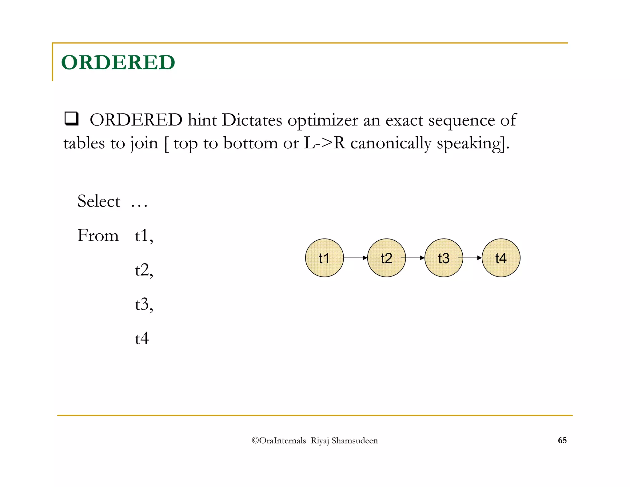 ORDERED 
 ORDERED hint Dictates optimizer an exact sequence of 
tables to join [ top to bottom or L-R canonically speaking]. 
Select … 
From t1, 
©OraInternals Riyaj Shamsudeen 65 
t2, 
t3, 
t4 
t1 t2 t3 t4 
 