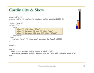 Cardinality  Skew 
drop table t1; 
create table t1 (color_id number, color varchar2(10) ); 
insert into t1 
select l1, 
90 
©OraInternals Riyaj Shamsudeen 11 
case 
when l1 10 then 'blue' 
when l1 between 10 and 99 then 'red' 
when l1 between 100 and 999 then ‘black' 
end case 
from 
(select level l1 from dual connect by level 1000) 
/ 
commit; 
9 
900 
Begin 
dbms_stats.gather_table_stats ('cbo2','t1', 
estimate_percent =100, method_opt =' for all columns size 1'); 
End; 
/ 
 