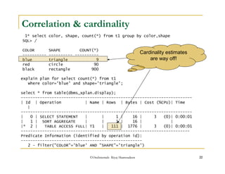 Correlation  cardinality 
1* select color, shape, count(*) from t1 group by color,shape 
SQL / 
COLOR SHAPE COUNT(*) 
---------- ---------- ---------- 
Cardinality estimates 
blue triangle 9 
are way off! 
red circle 90 
black rectangle 900 
explain plan for select count(*) from t1 
where color='blue' and shape='triangle'; 
select * from table(dbms_xplan.display); 
------------------------------------------------------------------------ 
| Id | Operation | Name | Rows | Bytes | Cost (%CPU)| Time 
| 
------------------------------------------------------------------------ 
| 0 | SELECT STATEMENT | | 1 | 16 | 3 (0)| 0:00:01 
| 1 | SORT AGGREGATE | | 1 | 16 | | 
|* 2 | TABLE ACCESS FULL| T1 | 111 | 1776 | 3 (0)| 0:00:01 
----------------------------------------------------------------------- 
Predicate Information (identified by operation id): 
--------------------------------------------------- 
2 - filter(COLOR='blue' AND SHAPE='triangle') 
©OraInternals Riyaj Shamsudeen 22 
 