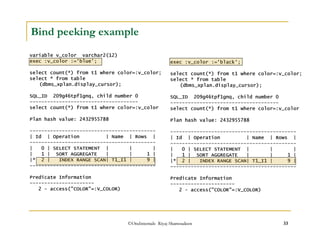 Bind peeking example 
variable v_color varchar2(12) 
exec :v_color :='blue'; 
select count(*) from t1 where color=:v_color; 
select * from table 
(dbms_xplan.display_cursor); 
SQL_ID 209g46tpf1gnq, child number 0 
------------------------------------- 
select count(*) from t1 where color=:v_color 
Plan hash value: 2432955788 
------------------------------------------- 
| Id | Operation | Name | Rows | 
------------------------------------------- 
| 0 | SELECT STATEMENT | | | 
| 1 | SORT AGGREGATE | | 1 | 
|* 2 | INDEX RANGE SCAN| T1_I1 | 9 | 
------------------------------------------- 
Predicate Information 
---------------------- 
2 - access(COLOR=:V_COLOR) 
exec :v_color :='black'; 
select count(*) from t1 where color=:v_color; 
select * from table 
(dbms_xplan.display_cursor); 
SQL_ID 209g46tpf1gnq, child number 0 
------------------------------------- 
select count(*) from t1 where color=:v_color 
Plan hash value: 2432955788 
------------------------------------------- 
| Id | Operation | Name | Rows | 
------------------------------------------- 
| 0 | SELECT STATEMENT | | | 
| 1 | SORT AGGREGATE | | 1 | 
|* 2 | INDEX RANGE SCAN| T1_I1 | 9 | 
------------------------------------------- 
Predicate Information 
---------------------- 
2 - access(COLOR=:V_COLOR) 
©OraInternals Riyaj Shamsudeen 33 
 