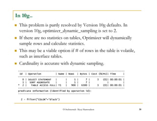 In 10g.. 
 This problem is partly resolved by Version 10g defaults. In 
version 10g, optimizer_dynamic_sampling is set to 2. 
 If there are no statistics on tables, Optimizer will dynamically 
sample rows and calculate statistics. 
 This may be a viable option if # of rows in the table is volatile, 
such as interface tables. 
 Cardinality is accurate with dynamic sampling. 
-------------------------------------------------------------------------- 
Id | Operation | Name | Rows | Bytes | Cost (%CPU)| Time | 
-------------------------------------------------------------------------- 
0 | SELECT STATEMENT | | 1 | 7 | 3 (0)| 00:00:01 | 
1 | SORT AGGREGATE | | 1 | 7 | | | 
* 2 | TABLE ACCESS FULL| T1 | 900 | 6300 | 3 (0)| 00:00:01 | 
-------------------------------------------------------------------------- 
predicate Information (identified by operation id): 
-------------------------------------------------- 
2 - filter(COLOR='black') 
©OraInternals Riyaj Shamsudeen 38 
 