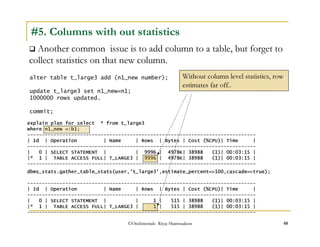 #5. Columns with out statistics 
 Another common issue is to add column to a table, but forget to 
collect statistics on that new column. 
alter table t_large3 add (n1_new number); 
update t_large3 set n1_new=n1; 
1000000 rows updated. 
commit; 
Without column level statistics, row 
estimates far off.. 
explain plan for select * from t_large3 
where n1_new =:b1; 
------------------------------------------------------------------------------ 
| Id | Operation | Name | Rows | Bytes | Cost (%CPU)| Time | 
------------------------------------------------------------------------------ 
| 0 | SELECT STATEMENT | | 9996 | 4978K| 38988 (1)| 00:03:15 | 
|* 1 | TABLE ACCESS FULL| T_LARGE3 | 9996 | 4978K| 38988 (1)| 00:03:15 | 
------------------------------------------------------------------------------ 
dbms_stats.gather_table_stats(user,'t_large3',estimate_percent=100,cascade=true); 
------------------------------------------------------------------------------ 
| Id | Operation | Name | Rows | Bytes | Cost (%CPU)| Time | 
------------------------------------------------------------------------------ 
| 0 | SELECT STATEMENT | | 1 | 515 | 38988 (1)| 00:03:15 | 
|* 1 | TABLE ACCESS FULL| T_LARGE3 | 1 | 515 | 38988 (1)| 00:03:15 | 
------------------------------------------------------------------------------ 
©OraInternals Riyaj Shamsudeen 48 
 
