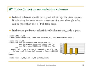 #7. Index(btree) on non-selective columns 
 Indexed columns should have good selectivity, for btree indices. 
If selectivity is closer to one, then cost of access through index 
can be more than cost of Full table scan. 
 In the example below, selectivity of column state_code is poor. 
create table sel_t3 
( state_code varchar2(2), first_name varchar2(30), last_name varchar2(30) ); 
insert into sel_t3 
select case when l1 between 0 and 100000 then ‘TX’ 
when l1 between 100001 and 150000 then ‘OK’ 
when l1 between 150001 and 200000 then ‘CA’ 
100000 
90000 
80000 
70000 
60000 
50000 
40000 
30000 
20000 
10000 
©OraInternals Riyaj Shamsudeen 51 
end , 
rpad ( 'Jill', 30,'x'),rpad ( 'Somebody', 30,'x') from 
(select level l1 from dual connect by level =100000) 
/ 
commit; 
create index sel_t3_i1 on sel_t3 ( state_code); 
0 
TX OK CA 
 