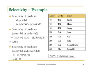 Selectivity – Example 
 Selectivity of predicate Dept Code 
Emp 
10 TX 
Scott 
10 TX 
Mary 
10 TX 
Larry 
20 CA 
Juan 
20 CA 
Raj 
20 CA 
Pele 
20 CA 
Ronaldinho 
30 FL 
Ronaldo 
dept =:b1 
is 1/NDV=1/3=0.333 
 Selectivity of predicate 
(dept=:b1 or code=:b2) 
=~ (1/3) +( 1/3 ) – (1/3)*(1/3) 
= 0.555 
 Selectivity of predicate 
(dept=:b1 and code=:b2) 
=~ (1/3)*(1/3) 
= 0.111 
NDV : # of distinct values 
©OraInternals Riyaj Shamsudeen 6 
 