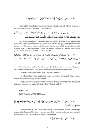 136
 
‫א‬WK 
“Kim iyi bir işe(Allahın kanununa uygun olarak) aracılık ederse, onunda o
işten bir nasibi(nimetlerden) olur...” (4 Nisa 85)
٢٤٨ J:‫א‬‫א‬
،:‫א‬‫א‬‫א‬،‫א‬K 
248: Ebu Musa el-Eşari (Allah Ondan razı olsun) şöyle demiştir. Peygamber
(sallallahu aleyhi vesellem)’e sıkıntı içinde olan birileri geldiği zaman yanındakilere
döner ve : “Bu adama yardım ediniz, sevap kazanırsınız. Allah peygamberinin dili
üzerine yani o peygamberinin duası ve şefaati üzerine ne dilerse onu yerine
getirecektir.” (Buhari, Zekat 21, Müslim, Birr 145)
٢٤٩ J‫א‬‫א‬W
‫א‬W‫؟‬‫א‬W‫א‬‫؟‬WKW
 
249: İbni Abbas (Allah Onlardan razı olsun) Berire ile kocası arasında geçen
olaya dair şunları söyledi: Peygamber (sallallahu aleyhi vesellem) Berire’ye:
“Tekrar kocana dönsen ne iyi olur”, buyurdu. Berire :
- Ya Rasulallah böyle yapmamı bana emrediyor musunuz? Diye sordu.
Rasulullah (sallallahu aleyhi vesellem) ise:
“Hayır sadece aracılık yapıyorum”, buyurdu. Bunun üzerine Berire: Benim ona
ihtiyacım yoktur, beni mazur görünüz, dedi. (Buhari, talak 16)
BÖLÜM: 31
İNSANLARIN ARASINI BULMA
‫א‬W‫א‬‫א‬‫א‬
‫א‬K 
“Yardımlaşmayı iyi ve yararlı davranışları ve insanların arasını düzeltmeyi
öngören bunları gerçekleştirmeye çalışan kimselerin yaptığı toplantılar dışında gizli
toplanmaların pek çoğunda hayır yoktur.” (4 Nisa 114)
‫א‬W‫א‬K 
 