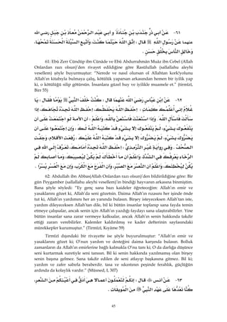 45
٦١ J‫א‬‫א‬
‫א‬W‫א‬‫א‬،‫א‬‫א‬،
‫א‬K 
61: Ebû Zerr Cündüp ibn Cünâde ve Ebû Abdurrahmân Muâz ibn Cebel (Allah
Onlardan razı olsun)’den rivayet edildiğine göre Rasülullah (sallallahu aleyhi
vesellem) şöyle buyurmuştur: “Nerede ve nasıl olursan ol Allahtan kork!yolunu
Allah’ın kitabıyla bulmaya çalış, kötülük yaparsan arkasından hemen bir iyilik yap
ki, o kötülüğü silip götürsün. İnsanlara güzel huy ve iyilikle muamele et.” (tirmîzî,
Birr 55)
٦٢ J‫א‬‫א‬W‫א‬W
W‫א‬‫א‬،‫א‬‫א‬،‫א‬
‫א‬{‫א‬‫א‬،‫א‬W‫א‬‫א‬
،‫א‬،‫א‬‫א‬
،‫א‬،‫א‬،
‫א‬K‫א‬‫א‬W‫א‬‫א‬،‫א‬
‫א‬‫א‬،‫א‬،
،‫א‬‫א‬‫א‬،‫א‬‫א‬،‫א‬‫א‬K
62: Abdullah ibn Abbas(Allah Onlardan razı olsun)’den bildirildiğine göre: Bir
gün Peygamber (sallallahu aleyhi vesellem)’in bindiği hayvanın arkasına binmiştim.
Bana şöyle söyledi: “Ey genç sana bazı kaideler öğreteceğim: Allah’ın emir ve
yasaklarını gözet ki, Allah’da seni gözetsin. Daima Allah’ın rızasını her işinde önde
tut ki, Allah’ın yardımını her an yanında bulasın. Birşey isteyeceksen Allah’tan iste,
yardım dileyeceksen Allah’tan dile, bil ki bütün insanlar toplanıp sana fayda temin
etmeye çalışsalar, ancak senin için Allah’ın yazdığı faydayı sana ulaştırabilirler. Yine
bütün insanlar sana zarar vermeye kalksalar, ancak Allah’ın senin hakkında takdir
ettiği zararı verebilirler. Kalemler kaldırılmış ve kader defterinin sayfasındaki
mürekkepler kurumuştur.” (Tirmîzî, Kıyâme 59)
Tirmîzî dışındaki bir rivayette ise şöyle buyurulmuştur: “Allah’ın emir ve
yasaklarını gözet ki; O’nun yardım ve desteğini daima karşında bulasın. Bolluk
zamanların da Allah’ın emirlerine bağlı kalmakla O’nu tanı ki; O da darlığa düşünce
seni kurtarmak suretiyle seni tanısın. Bil ki senin hakkında yazılmamış olan birşey
senin başına gelmez. Sana takdir edilen de seni atlayıp başkasına gitmez. Bil ki;
yardım ve zafer sabırla beraberdir. tasa ve sıkıntının peşinde ferahlık, güçlüğün
ardında da kolaylık vardır.” (Müsned, I, 307)
٦٣ JW‫א‬،
‫א‬‫א‬K
 