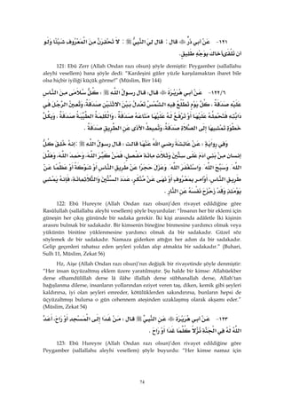 74
١٢١ J:‫א‬:‫א‬
K 
121: Ebû Zerr (Allah Ondan razı olsun) şöyle demiştir: Peygamber (sallallahu
aleyhi vesellem) bana şöyle dedi: “Kardeşini güler yüzle karşılamaktan ibaret bile
olsa hiçbir iyiliği küçük görme!” (Müslim, Birr 144)
٦L١٢٢ JW‫א‬W‫א‬
،‫א‬‫א‬،‫א‬
‫א‬،‫א‬‫א‬،
‫א‬،‫א‬‫א‬K 
‫א‬W‫א‬W‫א‬:
،‫א‬،‫א‬،
‫א‬{‫א‬{‫א‬‫א‬{‫א‬‫א‬
‫א‬،،‫א‬‫א‬،
‫א‬K 
122: Ebû Hureyre (Allah Ondan razı olsun)’den rivayet edildiğine göre
Rasûlullah (sallallahu aleyhi vesellem) şöyle buyurdular: “İnsanın her bir eklemi için
güneşin her çıkış gününde bir sadaka gerekir. İki kişi arasında adâletle İki kişinin
arasını bulmak bir sadakadır. Bir kimsenin bineğine binmesine yardımcı olmak veya
yükünün binitine yüklenmesine yardımcı olmak da bir sadakadır. Güzel söz
söylemek de bir sadakadır. Namaza giderken attığın her adım da bir sadakadır.
Gelip geçenleri rahatsız eden şeyleri yoldan alıp atmakta bir sadakadır.” (Buhari,
Sulh 11, Müslim, Zekat 56)
Hz, Aişe (Allah Ondan razı olsun)’nın değişik bir rivayetinde şöyle denmiştir:
“Her insan üçyüzaltmış eklem üzere yaratılmıştır. Şu halde bir kimse: Allahüekber
derse elhamdülillah derse lâ ilâhe illallah derse sübhanallah derse, Allah’tan
bağışlanma dilerse, insanların yollarından eziyet veren taş, diken, kemik gibi şeyleri
kaldırırsa, iyi olan şeyleri emreder, kötülüklerden sakındırırsa, bunların hepsi de
üçyüzaltmışı bulursa o gün cehennem ateşinden uzaklaşmış olarak akşamı eder.”
(Müslim, Zekat 54)
١٢٣ J‫א‬W‫א‬‫א‬‫א‬،
‫א‬‫א‬‫א‬‫א‬K 
123: Ebû Hureyre (Allah Ondan razı olsun)’den rivayet edildiğine göre
Peygamber (sallallahu aleyhi vesellem) şöyle buyurdu: “Her kimse namaz için
 