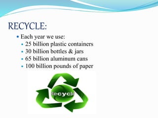 RECYCLE:
 Each year we use:
 25 billion plastic containers
 30 billion bottles & jars
 65 billion aluminum cans
 100 billion pounds of paper
 