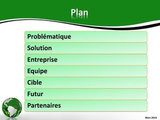 Plan
Problématique
Solution
Entreprise
Equipe
Cible
Futur
Partenaires
Mars 2014
 