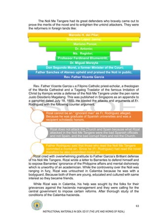 63
INSTRUCTIONAL MATERIALS IN GEN. ED 07 (THE LIFE AND WORKS OF RIZAL)
Marcelo H. del Pilar;
Graciano Lopez Jaena;
Mariano Ponce;
Dr. Antonio;
Ma. Regidor;
Professor Ferdinand Blumentritt;
Dr. Miguel Morayta
Don Segundo Moret, a former Minister of the Court;
Father Sanches of Ateneo upheld and praised the Noli in public.
Rev. Father Vicente Garcia
Rizal cannot be an “ ignorant man” as Fr. Rodriguez alleged.
Because he was graduate of Spanish universities and was a
recipient scholastic honors.
Rizal does not attack the Church and Spain because what Rizal
attacked in the Noli Me Tangere were the bad Spanish officials
and not Spain, and the bad corrupt friars and not the Church.
Father Rodriguez said that those who read the Noli Me Tangere
commited a mortal sin. Since he (Fr. Rodriguez) had read the novel
therefore he also committed mortal sin
The Noli Me Tangere had its great defenders who bravely came out to
prove the merits of the novel and to enlighten the unkind attackers. They were
the reformers in foreign lands like:
Rev. Father Vicente Garcia is a Filipino Catholic priest-scholar, a theologian
of the Manila Cathedral and a Tagalog Traslator of the famous Imitation of
Christ by Kempis wrote a defense of the Noli Me Tangere under the pen name
Justo Desiderio Magalang. This was published in Singapore as an appendix to
a pamphlet dated July 18, 1885. He blasted the attacks and arguments of Fr.
Rodriguez with the following counter argument.
Rizal cried with overwhelming gratitude to Father Garcia’s Brilliant defense
of his Noli Me Tangere. Rizal wrote a letter to Barrantes to defend himself and
to expose Barrantes’ ignorance of the Philippine affairs and mental dishonesty
which is unworthy of an academician. While the controversy over the Noli was
ranging in fury, Rizal was untouched in Calamba because he was with a
bodyguard. Because both of them are young, educated and cultured with same
interest so they became friends.
While Rizal was in Calamba, his help was sought by the folks for their
grievances against the hacienda management and they were calling for the
central government to impose certain reforms. After thorough study of the
conditions of the Calamba hacienda.
 