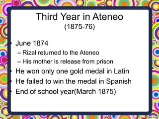 Third Year in Ateneo
(1875-76)

• June 1874
– Rizal returned to the Ateneo
– His mother is release from prison

• He won only one gold medal in Latin
• He failed to win the medal in Spanish
• End of school year(March 1875)

 