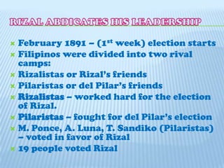 RIZAL ABDICATES HIS LEADERSHIPFebruary 1891 – (1st week) election startsFilipinos were divided into two rival camps:Rizalistas or Rizal’s friendsPilaristas or del Pilar’s friendsRizalistas – worked hard for the election of Rizal.Pilaristas – fought for del Pilar’s electionM. Ponce, A. Luna, T. Sandiko (Pilaristas) – voted in favor of Rizal19 people voted Rizal