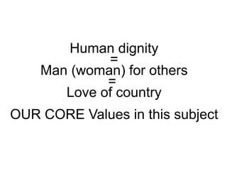 Human dignity
=
Man (woman) for others
=
Love of country
OUR CORE Values in this subject
 