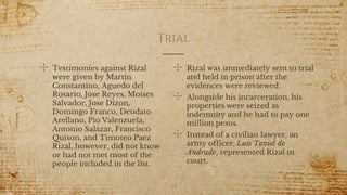 ✣ Testimonies against Rizal
were given by Martin
Constantino, Aguedo del
Rosario, Jose Reyes, Moises
Salvador, Jose Dizon,
Domingo Franco, Deodato
Arellano, Pio Valenzuela,
Antonio Salazar, Francisco
Quison, and Timoteo Paez
Rizal, however, did not know
or had not met most of the
people included in the list.
Trial
✣ Rizal was immediately sent to trial
and held in prison after the
evidences were reviewed.
✣ Alongside his incarceration, his
properties were seized as
indemnity and he had to pay one
million pesos.
✣ Instead of a civilian lawyer, an
army officer, Luis Taviel de
Andrade, represented Rizal in
court.
24
 