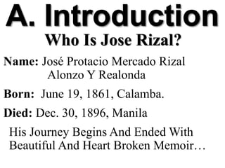 Who Is Jose Rizal?
Name: José Protacio Mercado Rizal
Alonzo Y Realonda
Born: June 19, 1861, Calamba.
Died: Dec. 30, 1896, Manila
His Journey Begins And Ended With
Beautiful And Heart Broken Memoir…
 