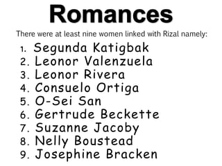 1. Segunda Katigbak
2. Leonor Valenzuela
3. Leonor Rivera
4. Consuelo Ortiga
5. O-Sei San
6. Gertrude Beckette
7. Suzanne Jacoby
8. Nelly Boustead
9. Josephine Bracken
There were at least nine women linked with Rizal namely:
 