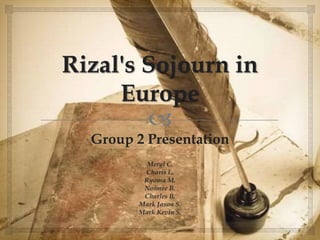 
Rizal's Sojourn in
Europe
Group 2 Presentation
Meryl C.
Charis L.
Ryoma M.
Noimee B.
Charles B.
Mark Jason S.
Mark Kevin S.
 