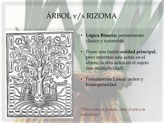 ÁRBOL v/s RIZOMA

       • Lógica Binaria: pensamiento
         clásico y razonable.

       • Posee una fuerte unidad principal,
         pero mientras una actúa en el
         objeto, la otra actúa en el sujeto
         (sin multiplicidad).

       • Pensamiento Lineal: orden y
         homogeneidad.




       “libro imita al mundo, como el arte a la
       naturaleza”
 