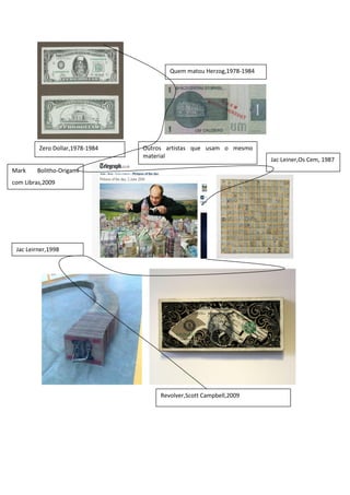 Quem matou Herzog,1978-1984




         Zero Dollar,1978-1984   Outros artistas que usam o mesmo
                                 material
                                                                       Jac Leiner,Os Cem, 1987
Mark    Bolitho-Origami
com Libras,2009




 Jac Leirner,1998




                                      Revolver,Scott Campbell,2009
 