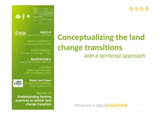 Conceptualizing the land
change transitions
with a territorial approach
Global Land Project
2nd Open Science Meeting
Berlin19 March 2014
Session 32
Understanding farming
practices to rethink land
change transition
RIZZO D
INRA SAD-ASTER (FRA)
1bibliography at http://bit.ly/GLP2014
PINTO-CORREIA T
Universidade de Évora (PRT)
KRISTENSEN L
University of Copenhagen (DNK)
MARRACCINI E
Institut for Life Sciences , SSA (ITA)
LARDON S
INRA & AgroParisTech,
UMR 1273 Métafort (FRA)
 