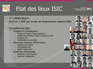 Etat des lieux ISIC
• 37 collaborateurs
 Environ 1.3MF par année de financement externe R&D

 Compétences clés:
   • Imagerie & Visualisation
       •   Analyse d'images (Video Analytics)
       •   Analyse de données / Calcul intensif sur GPU
       •   Imagerie 3D
       •   Visualisation de données
   • Nouveaux moyens d'interaction
       • Applications mobiles
       • Technologie web
       • Réalité augmentée
   • Systèmes embarqués
       • Systèmes communicants
       • Caméras intelligentes
 
