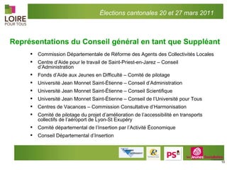 Représentations du Conseil général en tant que Suppléant Commission Départementale de Réforme des Agents des Collectivités Locales Centre d’Aide pour le travail de Saint-Priest-en-Jarez – Conseil d’Administration Fonds d’Aide aux Jeunes en Difficulté – Comité de pilotage Université Jean Monnet Saint-Étienne – Conseil d’Administration Université Jean Monnet Saint-Étienne – Conseil Scientifique Université Jean Monnet Saint-Étienne – Conseil de l’Université pour Tous Centres de Vacances – Commission Consultative d’Harmonisation Comité de pilotage du projet d’amélioration de l’accessibilité en transports collectifs de l’aéroport de Lyon-St Exupéry Comité départemental de l’Insertion par l’Activité Économique Conseil Départemental d’Insertion Élections cantonales 20 et 27 mars 2011 