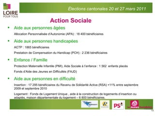 Action Sociale Aide aux personnes âgées Allocation Personnalisée d’Autonomie (APA) : 18 400 bénéficiaires Aide aux personnes handicapées ACTP : 1865 bénéficiaires Prestation de Compensation du Handicap (PCH) : 2 236 bénéficiaires Enfance / Famille  Protection Maternelle Infantile (PMI), Aide Sociale à l’enfance : 1 562  enfants placés Fonds d’Aide des Jeunes en Difficultés (FAJD) Aide aux personnes en difficulté Insertion : 17 295 bénéficiaires du Revenu de Solidarité Active (RSA) +11% entre septembre 2009 et septembre 2010  Logement : Fonds de Logement Unique , aide à la construction de logements d’insertion ou adaptés, maison départementale du logement – 6 800 bénéficiaires.  Élections cantonales 20 et 27 mars 2011 