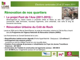 Le projet Pont de l’Ane (2011-2015)  : déménagement du Géant Casino à proximité d’Ikéa et Weiss au sein d’un grand pôle commercial, halte ferroviaire, nouveaux logements, zone artisanale, voie verte le long de l’ancienne voie ferrée. Rénovation Urbaine du Crêt de Roch  Lancé en 2004 par la Ville de Saint-Etienne, le projet de rénovation urbaine du Crêt de Roc s’inscrit dans  le Programme de l’Agence Nationale de Rénovation Urbaine (ANRU) .   Les financements du Conseil Général de la Loire : ▪  Requalification habitat ancien dégradé  (Pointe Appel-Nativité - Desjoyaux) :  2,5 millions € ▪  Aménagement des espaces publics  :  ouverture au nord du collège Fauriel sur une nouvelle place ▪  Création d’une auberge de jeunesse  et  réhabilitation du Foyer de Jeunes Travailleurs Clairvivre  :  387 000 € ▪  Amélioration de l’habitat et construction de logements sociaux  :  200 000 € (dont  30 000 €  pour 3 logements sociaux 23 rue Salengro)         Rénovation de nos quartiers Élections cantonales 20 et 27 mars 2011 