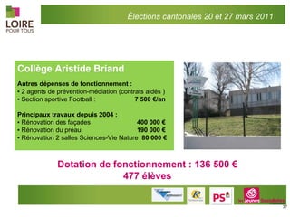 Collège Aristide Briand Autres dépenses de fonctionnement : ▪  2 agents de prévention-médiation (contrats aidés ) ▪  Section sportive Football :    7 500 €/an   Principaux travaux depuis 2004 : ▪  Rénovation des façades     400 000 € ▪  Rénovation du préau      190 000 € ▪  Rénovation 2 salles Sciences-Vie Nature  80 000 €   Dotation de fonctionnement : 136 500 € 477 élèves Élections cantonales 20 et 27 mars 2011 