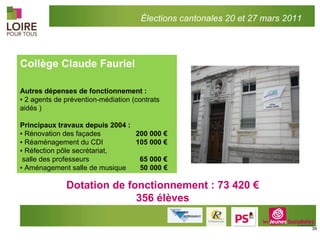 Collège Claude Fauriel Autres dépenses de fonctionnement : ▪  2 agents de prévention-médiation (contrats aidés ) Principaux travaux depuis 2004 : ▪  Rénovation des façades    200 000 € ▪  Réaménagement du CDI    105 000 € ▪  Réfection pôle secrétariat,  salle des professeurs      65 000 € ▪  Aménagement salle de musique  50 000 € Dotation de fonctionnement : 73 420 € 356 élèves Élections cantonales 20 et 27 mars 2011 