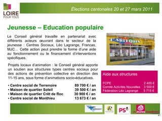 Jeunesse – Education populaire Le Conseil général travaille en partenariat avec différents acteurs œuvrant dans le secteur de la jeunesse : Centres Sociaux, Léo Lagrange, Francas, MJC… Cette action peut prendre la forme d’une aide au fonctionnement ou le financement d’interventions spécifiques.   Projets locaux d’animation : le Conseil général apporte un soutien aux structures types centres sociaux pour des actions de prévention collective en direction des 11-15 ans, sous forme d’animations socio-éducatives.   ▪  Centre social de Terrenoire   89 700 € / an ▪  Maison de quartier Soleil    39 500 € / an ▪  Maison de quartier Crêt de Roc   30 900 € / an ▪  Centre social de Monthieu   13 673 € / an   Aide aux structures FCPE    2 400 € Comité Activités Nouvelles  3 500 € Fédération Léo Lagrange  5 715 € Élections cantonales 20 et 27 mars 2011 