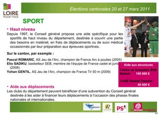 Haut niveau Depuis 1997, le Conseil général propose une aide spécifique pour les sportifs de haut niveau du département, destinée à couvrir une partie des besoins en matériel, en frais de déplacements ou de suivi médical occasionnés par leur préparation aux épreuves sportives.   Sur le canton, par exemple : Pascal ROMARIC , AS Jeu de l’Arc, champion de France Arc à poulies (2005) Elio SADIKU , basketteur SEB, membre de l’équipe de France cadet et junior (2008) Yohan GENTIL , AS Jeu de l’Arc, champion de France Tir 50 m (2009)   300 associations  sur Roanne Nord SPORT Aide aux déplacements  Les clubs du département peuvent bénéficier d’une subvention du Conseil général destinée à les aider à financer leurs déplacements à l’occasion des phases finales nationales et internationales.   Aide aux structures Centre de formation SEB Basket  100 000 €  CASE Basket Féminin    40 000 €  Élections cantonales 20 et 27 mars 2011 