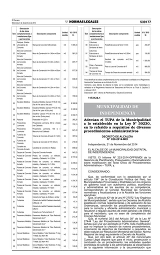 El Peruano
Miércoles 3 de diciembre de 2014 539177
Ítem
Descripción
de las obras
complementarias e
instalaciones ijas
y permanentes
Descripción componente
Unidad
medida
V.U. 2015
S/.
56
Rampas, Gradas
y Escaleras de
Concreto
Rampa de Concreto S/Encofrado m3 1 085,44
57
Muro de Contención
de Concreto
Armado
Muro de Contención H=1.40m e=20cm m3 981,53
58
Muro de Contención
de Concreto
Armado
Muro de Contención H=2.5m e=20cm m3 897,77
59
Muro de Contención
de Concreto
Armado
Muro de Contención H=4.00m e=20cm m3 877,50
60
Muro de Contención
de Concreto
Armado
Muro de Contención H=1.4m e=15cm m3 808,00
61
Muro de Contención
de Concreto
Armado
Muro de Contención H=2.5m e=15cm m3 731,65
62
Muro de Contención
de Concreto
Armado
Muro de Contención H=4.00m e=15cm m3 709,93
63
Escalera Metálica Escalera Metálica Caracol H=6.00 mts
(Va del 1er piso al 3er piso)
und 6 388,66
64
Escalera Metálica Escalera Metálica Caracol H=3.00 mts
(Va del 1er. piso al 2do piso)
und 3 328,92
65
Escalera Metálica Escalera Caracol H=3.00 mts de un
piso a otro (Entre pisos)
und 3 059,73
66 Pastoral Pastorales H=2,20 m und 365,25
67
Proyectores
Luminaria
Proyectores Luminaria, 250 w v Sodio
Inst Cableado
und 700,13
68
Proyectores
Luminaria
Proyectores Luminaria, 150 w v
Mercurio Inst Cableado
und 647,43
69
Tuberías de
Concreto
Tubería de Concreto Armado D=1.20m ml 397,54
70
Tuberías de
Concreto
Tubería de Concreto D=18” (45cm) ml 216,55
71
Canaleta de
Concreto Armado
Canaleta de concreto sin Rejilas ml 858,92
72 Zanjas de Concreto Zanja de Concreto Armado ml 543,23
73
Postes de Concreto
Armado
Postes de concreto, un relector,
instaldo y Cableado, H=12,00m
pza 2 737,92
74
Postes de Concreto
Armado
Postes de concreto, un relector,
instaldo y Cableado, H=11,00m
pza 2 206,64
75
Postes de Concreto
Armado
Postes de concreto, un relector,
instaldo y Cableado, H=10,00m
pza 1 915,70
76
Postes de Concreto
Armado
Postes de concreto, un relector,
instaldo y Cableado, H=9,00m
pza 1 574,48
77
Postes de Concreto
Armado
Postes de concreto, un relector,
instaldo y Cableado, H=8,00m
pza 1 374,75
78
Postes de Concreto
Armado
Postes de concreto, un relector,
instaldo y Cableado, H=7,00m
pza 1 126,35
79
Postes de Concreto
Armado
Postes de concreto, un relector,
instaldo y Cableado, H=3,00m
pza 577,84
80 Cubiertas Cubierta de Tejas de Arcillas o similar m2 82,25
81
Cubiertas Cubierta de Ladrillo PasteleroAsentado
C/Mezcla 1.5
m2 47,11
82
Cubiertas Cubierta de Ladrillo PasteleroAsentado
C/Barro
m2 45,33
83 Cubiertas Cubierta con Torta de Barro 2” m2 26,42
84
Pasamano Metálico Pasamano Metalico de Tubo Redondo
Galvanizado de 3”
ml 212,35
85
Pasamano Metálico Pasamano Metálico de Tubo Redondo
Galvanizado de 2”
ml 139,26
86
Pasamano Metálico Pasamano Metalico de Tubo Redondo
Galvanizado de 1”
ml 99,74
87
Cercos Metálicos Cerco Metálico; Tubo Redondo 2” Ang
1” Malla 2x2 Alam #8
m2 144,45
88
Cercos Metálicos Cerco Metalico; Tubo Redondo 2” Ang
1” Malla 2x2 Alam #10
m2 142,44
89
Cercos Metálicos Cerco Metálico; Tubo Redondo 2” Ang
1” Malla 2x2 Alam #12
m2 126,26
Ítem
Descripción
de las obras
complementarias e
instalaciones ijas
y permanentes
Descripción componente
Unidad
medida
V.U. 2015
S/.
90
Columnas
Estructuras o
Similares de ierro
Poste/Estructura de ierro h=4mt pza 254,67
91
Columnas
Estructuras o
Similares de ierro
Poste/Estructura de ierro h=2.50mt pza 154,90
92
Sardinel Sardinel de concreto e=0,15m;
h=0,65m
m3 1 000,59
93
Pista o Pavimento
de Concreto
Pista o Losa de Concreto de 6” m3 885,09
94
Trampa de Grasa
de Concreto m3
Trampa de Grasa de concreto armado m3 894,58
Para identiicar las obras complementarias se ha considerado lo señalado en el Reglamento
Nacional de Tasaciones en su Artículo II.A.04
Asimismo, para efectos de elaborar la tabla, se ha considerado como metodología lo
señalado en el Reglamento Nacional de Tasaciones del Perú en su Título II, Capítulo D
y Artículo II.D.31
Elaboración: SAT - Oicina de Planiicación y Estudios Económicos
1172124-1
MUNICIPALIDAD DE
INDEPENDENCIA
Adecúan el TUPA de la Municipalidad
a lo establecido en la Ley N° 30230,
en lo referido a requisitos de diversos
procedimientos administrativos
DECRETO DE ALCALDÍA
Nº 020-2014-MDI
Independencia, 21 de Noviembre del 2014
EL ALCALDE DE LA MUNICIPALIDAD DISTRITAL
DE INDEPENDENCIA;
VISTO: El Informe Nº 253-2014-GPPR/MDI de la
Gerencia de Planiicación, Presupuesto y Racionalización
sobre modiicación del Texto Único de Procedimientos
Administrativos – TUPA; y,
CONSIDERANDO:
Que, de conformidad con lo establecido por el
artículo 194° de la Constitución Política del Perú, las
Municipalidades Provinciales y Distritales son los órganos
de gobierno local con autonomía política, económica
y administrativa en los asuntos de su competencia,
correspondiendo al Concejo Municipal las funciones
normativas y iscalizadoras y a la Alcaldía las funciones
ejecutivas;
Que, el artículo 42º de la Ley Nº 27972 “Ley Orgánica
de Municipalidades”, señala que los Decretos de Alcaldía
establecen normas reglamentarias y de aplicación de las
Ordenanzas, sancionan los procedimientos necesarios
para la correcta y eiciente administración municipal y
resuelven o regulan asuntos de orden general y de interés
para el vecindario, que no sean de competencia del
Concejo Municipal;
Que, el numeral 38.5 del Artículo 38° de la Ley Nº
27444 “Ley del Procedimiento Administrativo General”,
señala que una vez aprobado el TUPA, toda modiicación
que no implique la creación de nuevos procedimientos,
incremento de derechos de tramitación o requisitos, se
debe realizar por Resolución Ministerial del Sector, Norma
Regional de rango equivalente o Decreto de Alcaldía;
Que, por otro lado, el artículo 40° del mencionado
Cuerpo Legal dispone que para el inicio, prosecución o
conclusión de un procedimiento, las entidades quedan
prohibidas de solicitar a los administrados la presentación
de la siguiente información o la documentación que
 