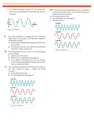 ONDAS CLASIFICACIÓN Y CARACTERÍSTICAS| NÚMERO 1 7
c) Un instante después, el punto “P” ¿Se encontrará
por encima o por debajo de la posición que muestra
la figura?
9. Una onda periódica se propaga por una cuerda de
largo 50,0m y masa 400g. La cuerda está sometida a
una tensión de 500N
a) Determina la velocidadde propagación de la onda
en la cuerda.
b) Si la frecuencia es de 10 Hz, determina la distancia
entre dos crestas consecutivas.
10. Una onda periódica de λ=20cm y T = 0,12s se propaga
por una cuerda.
a) Determina su frecuencia
b) Determina su velocidad de propagación
c) Si se dplica su frecuencia sin variar la tensión
¿Cómo varíasu velocidadde propagación?¿Cómo
varía su longitud de onda?
11. Tres cuerdas perturbadas con la misma frecuencia se
ven como muestra la figura 2. Ordena en forma
creciente
a) Sus longitudes de onda
b) Sus velocidades de propagación.
12. Tres cuerdas de igual densidad de masa y sometidas
a la misma tensión se ven como muestra la figura 3.
Ordena en forma creciente:
a) Sus longitudes de onda.
b) Sus velocidades de propagación.
c) Sus frecuencias.
Figura 1- Problema 8
Figura 2- Problema 11
Figura 3- Problema 12
 