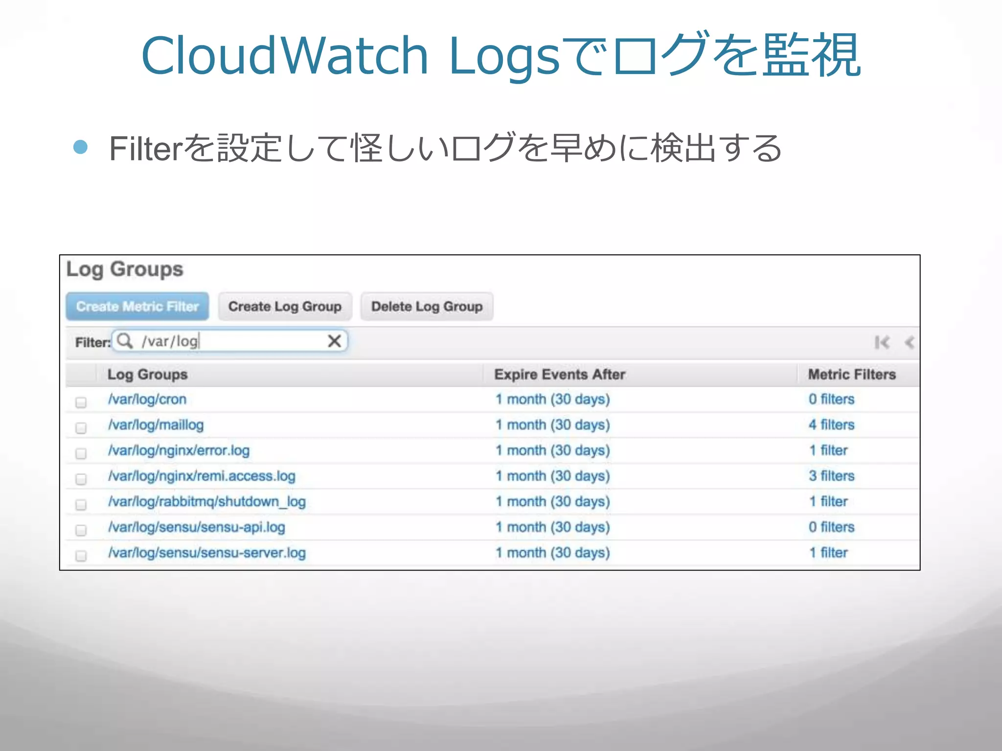 CloudWatch Logsでログを監視
 Filterを設定して怪しいログを早めに検出する
 